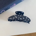 Detail of navy blue floral acetate hair claw clip with rhinestones on white background - Dark Blue Floral