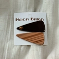 Detail view of acetate triangle hair clip set in coffee brown and wood grain textures - Triangle Style Pair