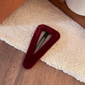 Detailed macro view of a vintage dark red velvet triangle BB hair clip with metal grip - Triangle Style / Triangle Wine Red