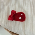 Detail of red flocked hair clip featuring a silk bow and decorative white pearls - Red BB Clip