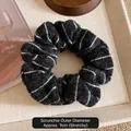 Macro detail of high-elasticity black and white striped knitted hair scrunchie 9cm diameter - Small Black