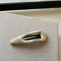 Detailed view of yellow and blue plaid fabric hair clip on a beige woven texture surface - Plaid Purple Hollow Teardrop