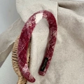 Winter red plaid plush headband with thick knit texture and sparkling gold threads - Narrow Edge / Narrow Gold Thread Plaid