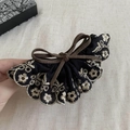Vintage navy lace bow banana hair clip with elegant gold floral embroidery detail - Coffee Brown Bow