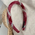 Padded red and grey plaid plush headband for women with a vintage autumn winter look - Narrow Edge / Narrow Red and White Plaid