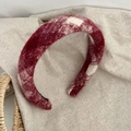 Plush red and white checkered plaid headband for winter hair styling and christmas look - Medium Wide Gold Thread Plaid