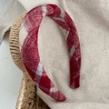 Thick red plaid plush headband with soft winter texture shown in a woven basket - Medium Wide Red and White Plaid