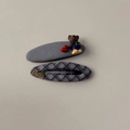 Set of two fabric hair clips featuring a 3D brown bear and a blue-grey checkered bow pattern - Blue Gray Plaid Bear Hair Clip Pair