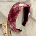 Red and white plaid tweed headband with gold metallic threads for women's winter style - Extra Wide Gold Thread Plaid