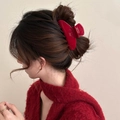 Red acetate hair claw clip for women styled with a red sweater for a minimalist look - Burgundy