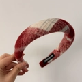 Handmade red and white plaid knit headband with thick fuzzy texture and woven label - Red and White Knitted Plaid Style (Style F)
