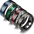 Set of four black titanium steel men's rings with colorful dragon patterns and sequins - US 7 / Four-Piece Set