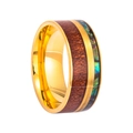 Macro detail of men's titanium ring with wood inlay and abalone shell colorful mosaic - US 6 / Gold