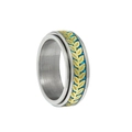 Detail van blauwe spinner ring met gouden bladpatroon op roestvrijstalen draaiband - US 6 / Blauwe Koolstofvezel Goud Blad