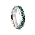 Detail view of 6mm stainless steel spinner ring with rainbow colored rotating chain design - Colorful
