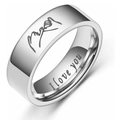 Macro shot of silver titanium ring with I love you engraving and hand-holding pattern - US 7 / Silver