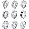 Set of nine silver stainless steel spinner rings with brushed and engraved textures for men - US 6 / Silver