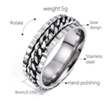 Detail view of 8mm stainless steel spinner ring with rotatable gear and chain design - US 6 / Silver Chain (Silver Ring And Silver Chain) / Silver