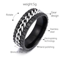 Detail of 8mm rotating spinner ring with steel chain inlay and gear design features - US 6 / Silver Chain (Black Ring And Silver Chain) / Black