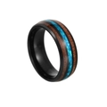 Minimalist wood inlay ring with turquoise stones and black metal band on white background - Black Acacia Wood + Opal / US 6