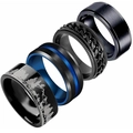 4-piece vintage black titanium steel ring set with forest engraving and chain inlay - Size 7 / Forest Laser and Spinning Chain Combo Style (SMTZ662) / Four-Piece Set / Black