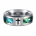 Close-up of titanium ring with iridescent abalone shell inlay and black cross motif - US 6 / Cross