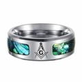 Detailed close-up of polished silver ring with abalone shell inlays and compass emblem - US 6 / Masonic