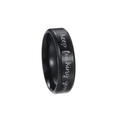 Detail of matte black stainless steel ring with laser engraved motivational quote text - US 6 / Black