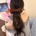 Brown suede bow banana clip with gold logo for elegant women ponytail styling - Brown