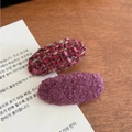 Detail of tweed and faux shearling hair clip set on a cozy wooden background - Red Weave And Purple Lamb Wool Style / Pink Series