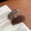 Detail of colorful tweed and brown plush hair clips showing rich textile textures - Vintage Mixed Weave And Dark Brown Fuzzy Style / Blue-Brown