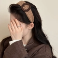 Brown tweed padded headband with side flower detail for women's autumn hair styling - Brown