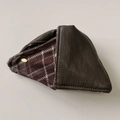 Detail of leather and plaid fabric hair claw clip with a gold Love metal logo - Hair Claw / Dark Green