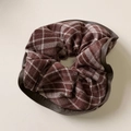 Macro detail of plaid fabric hair claw with brown leather edge and pleated texture - Scrunchie / Dark Green