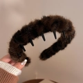 Plush coffee leopard print headband with inner plastic teeth for autumn winter - Dark Leopard Print