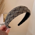 Close-up of brown plaid wide headband with pleated fabric and anti-slip lining - Plaid Textured Style