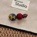 Detail view of Korean heart pony hair clip with denim texture and red fabric ball - Red Blue Horse Hair Clip