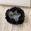 Lace large hair scrunchie with grey plush trim on a soft white knit background - Grey & Black