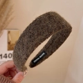 Brown fluffy wide headband with plush texture and handmade label for autumn look - Woolen Deep Coffee Style