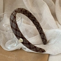 Maillard brown checkered fabric headband with gold metal charm for high cranial top look - Coffee Plaid