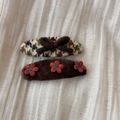 Detail of vintage plaid hair clips and plush bows with knit floral patterns - Coffee Flower And Bow