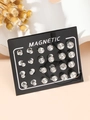 Set van 12 paar magnetische zirkonia oorknopjes met heldere ronde stenen op zwarte kaart - Wit