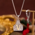 Collier argenté avec pendentif gravé floral et détail de lettre V dorée élégante - Lettre V