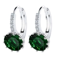 Elegant silver hoop earrings with clear zircon stones and a large green oval agate gemstone - Green
