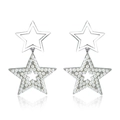 Silver double star earrings with hollow stars and white pearl pavé on a white background - Pearl Hollow Double Star Style (E2001016)