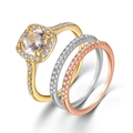 Set di tre anelli con zircone halo e fasce micro-pavimentate in tonalità oro miste - Taglia 9 / Set di Anelli a Tre Colori / Set di 3 pezzi / Oro, Argento e Oro Rosa
