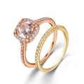 Elegante set di anelli in oro rosa con zirconi e pietra centrale tonda con castone a griffe - Taglia 9 / Anelli combinati / Set di 2 pezzi / Oro Rosa e Oro