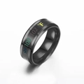 Macro shot of black stainless steel smart ring showing colorful Fahrenheit temperature display - Black (Fahrenheit)