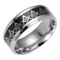 Silver and black stainless steel Freemasonry ring with compass square and G symbol - US 6 / Black with Silver Gear