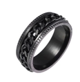 Bague rotative en acier inoxydable noir mat avec chaîne cubaine et bords à motif dentelé - US 6 / Bague Noire + Chaîne Noire
